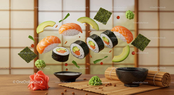 Pływające rolki sushi z łososiem, świeżym awokado i wodorostami