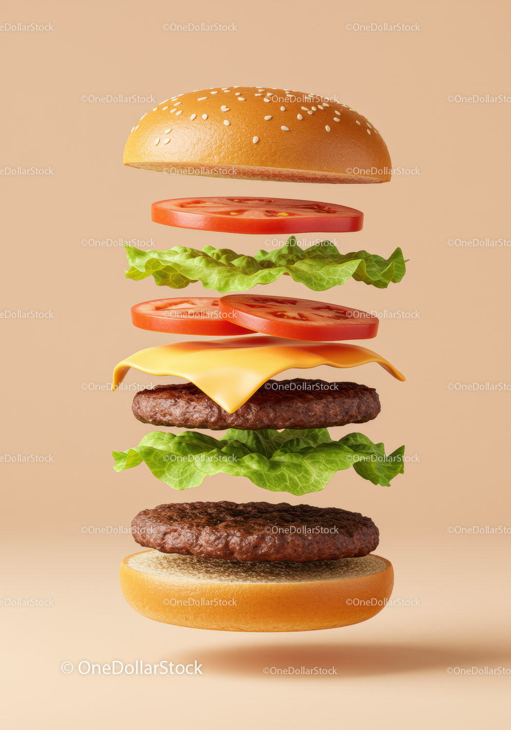 Deconstructed cheeseburger ingredients floating in space