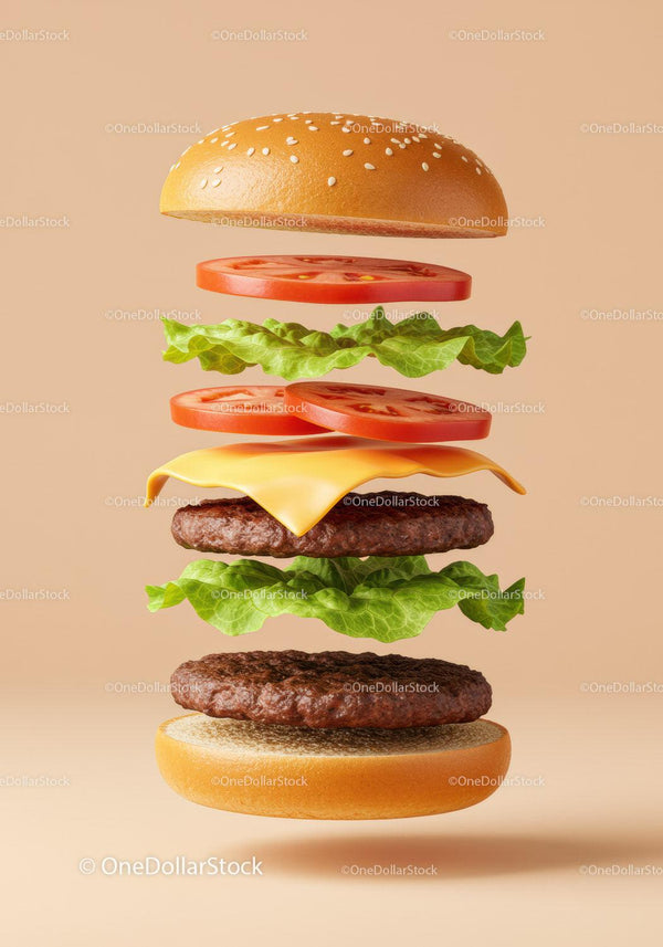 Deconstructed cheeseburger ingredients floating in space