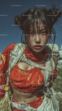 Young Woman in Vibrant Red Outdoor Outfit with Mountain Scenery