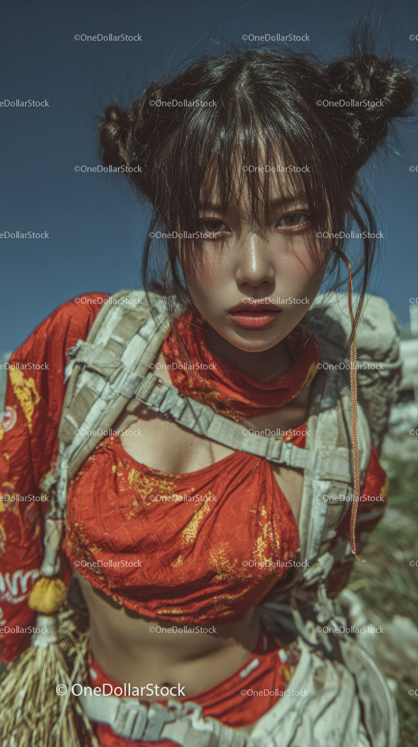 Young Woman in Vibrant Red Outdoor Outfit with Mountain Scenery