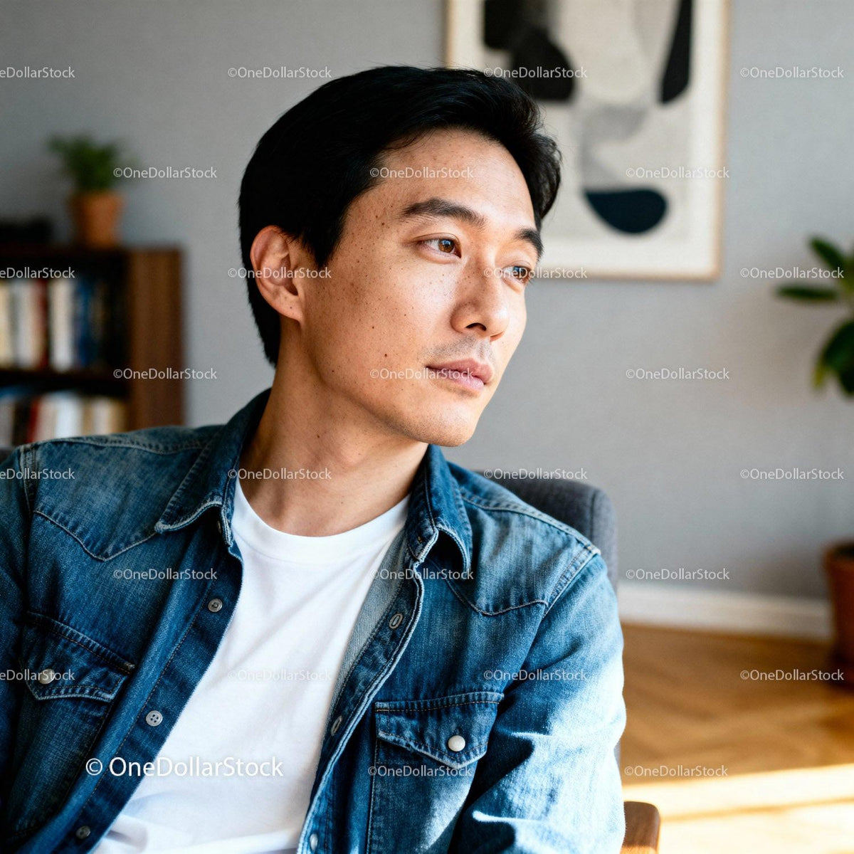 Thoughtful young man reflecting in cozy living room