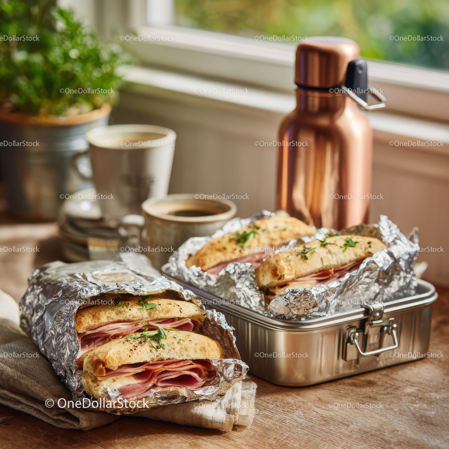 Kanapki panini z szynką i świeżymi ziołami na rustykalnym drewnianym stole