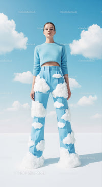 Fashion Model in Sky with Cloud Accessories and Blue Outfit