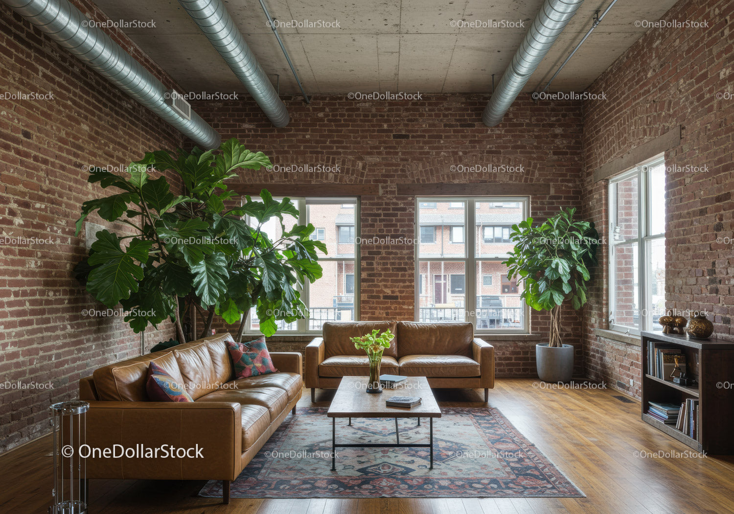 Bright Industrial Living Room with Large Windows and Lush Green Plants