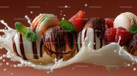 Colorful Assorted Ice Cream Scoops with Berries and Chocolate Drizzle