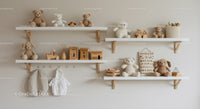 Nursery Shelves with Plush Toys and Wooden Baby Accessories