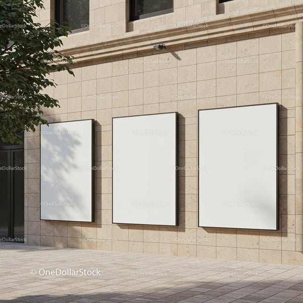 Three Blank Vertical Billboards on Modern Building Wall JPG Mockup Image