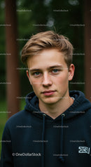 Teenage Boy with Blue Eyes in Hoodie in Nature