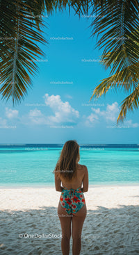 Tropical Beach Scene with Woman in Swimsuit Overlooked by Palm Leaves