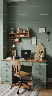 Children's Green Desk with Wooden Chair and Organized Shelves