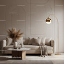Cozy beige living room with modern gold floor lamp