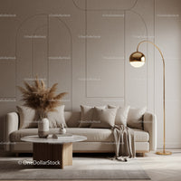 Cozy beige living room with modern gold floor lamp