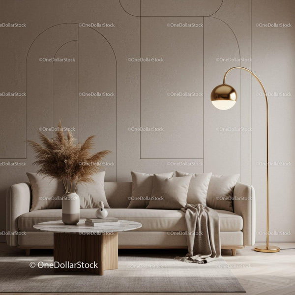 Cozy beige living room with modern gold floor lamp