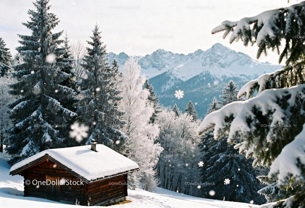 Snowy Cabin Among Frosted Pines in Mountain Winter