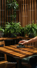 Hand Holding Coffee Cup in a Cozy Cafe Surrounded by Plants