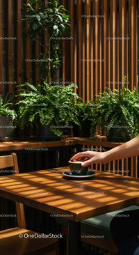 Hand Holding Coffee Cup in a Cozy Cafe Surrounded by Plants
