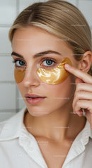 Close-up of Woman with Blue Eyes Wearing Gold Under Eye Patches