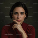 Close-up Portrait of a Woman with Blue Eyes and Dark Hair Wearing a Red Sweater