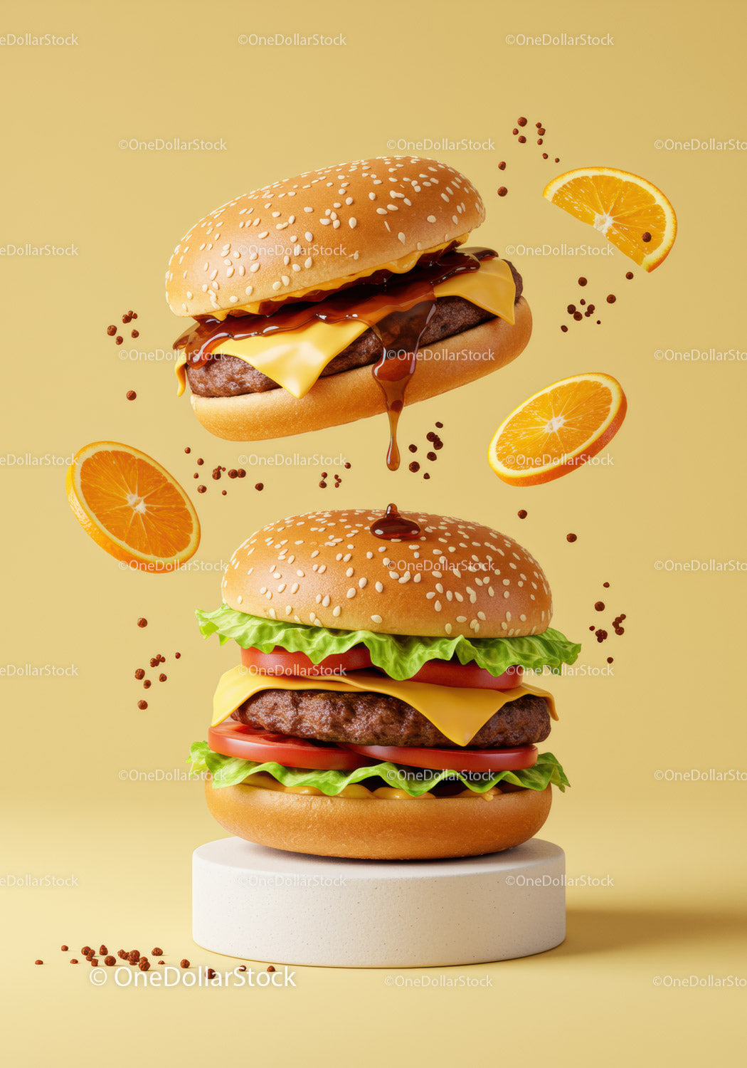 Two juicy cheeseburgers with fresh ingredients on yellow