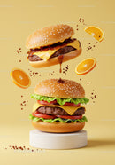 Two juicy cheeseburgers with fresh ingredients on yellow
