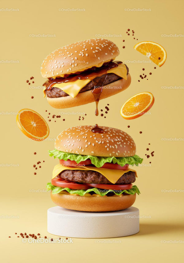 Two juicy cheeseburgers with fresh ingredients on yellow