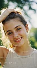 Smiling Young Woman with Green Foliage Background in Sunlight