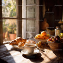 Cozy rustic kitchen with croissant and fresh fruit on sunlit wooden table