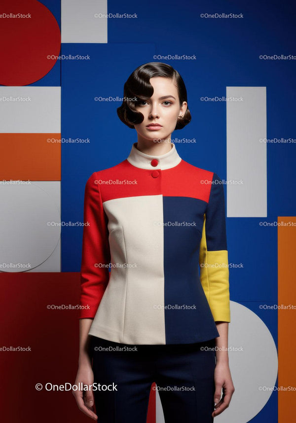 Modelka mody w kurtce w geometryczne bloki kolorów