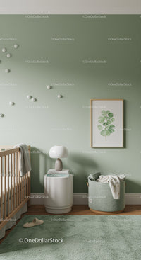 Cozy Baby Room with Green Wall, Wooden Crib and Accessories