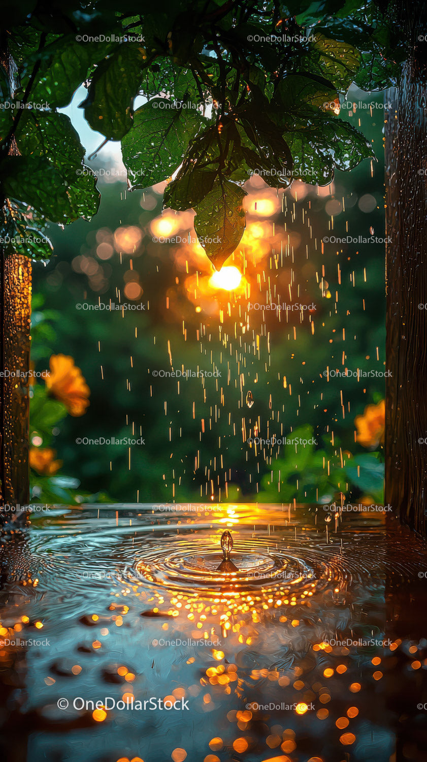 Rainfall over Lush Green Foliage with Sunset Glow