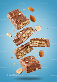 Chocolate Nut Bars with Almonds Floating on Blue Background