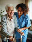 Joyful Elderly Woman with Supportive Nurse in Bright Indoor Setting