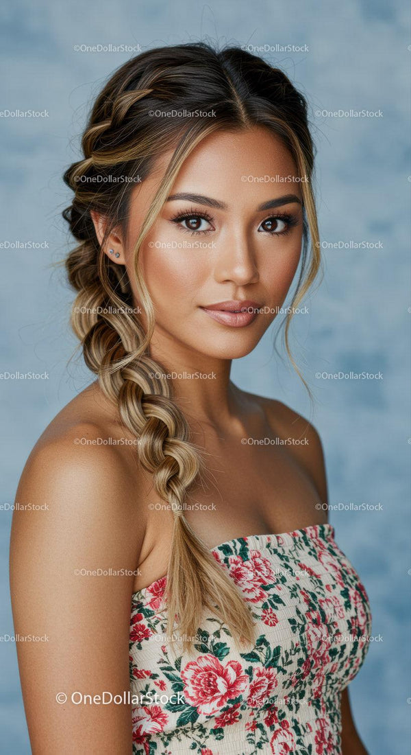 Stunning Female Model with Braided Hair and Floral Dress
