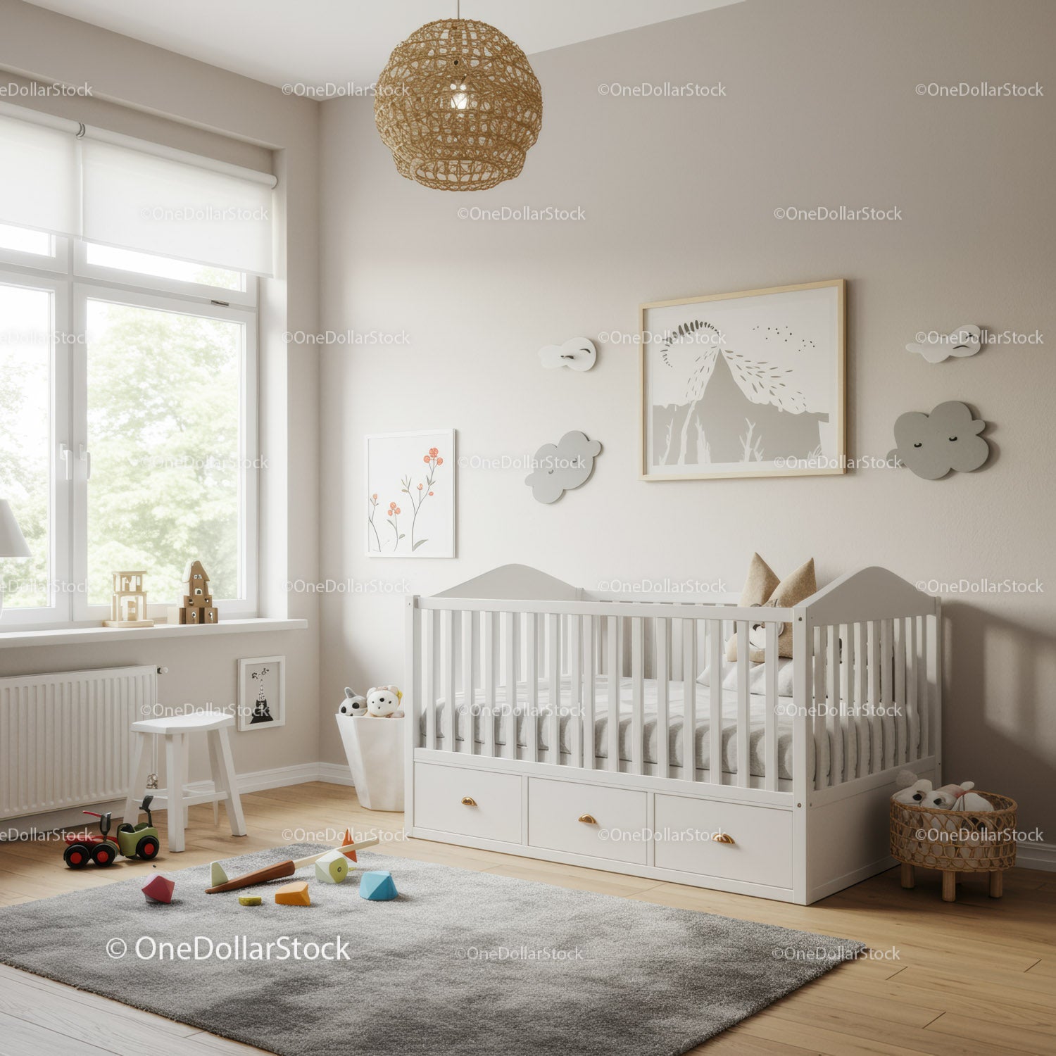 Modern Children's Nursery with White Baby Crib and Playful Decor