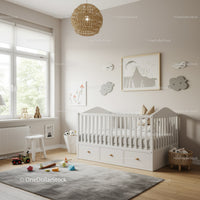 Modern Children's Nursery with White Baby Crib and Playful Decor
