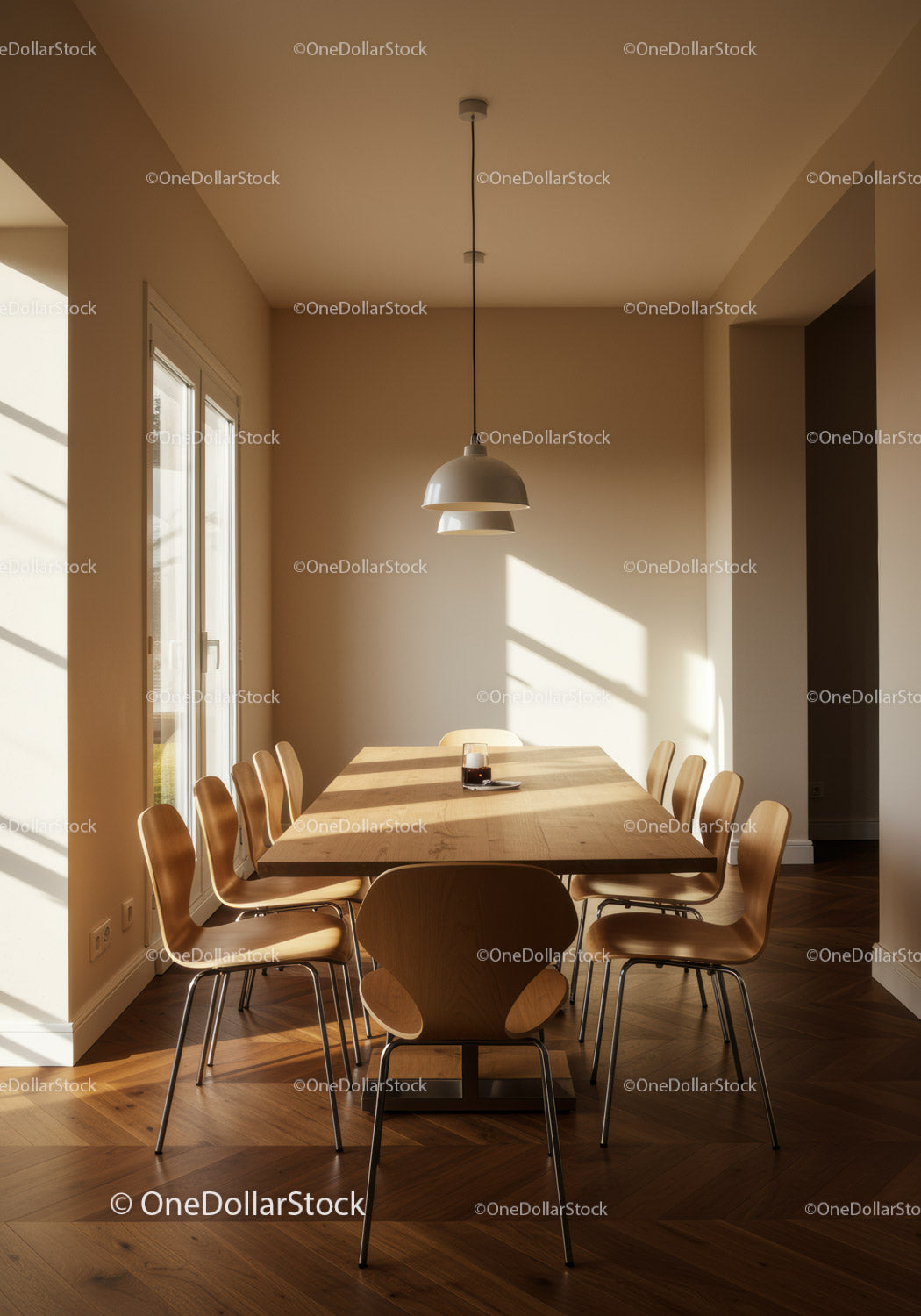 Modern Dining Room with Wooden Table and Sunlit Interior