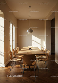 Modern Dining Room with Wooden Table and Sunlit Interior