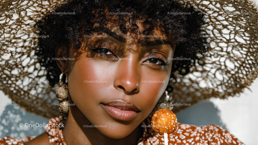 Elegant woman with straw hat and orange berry in summer outdoor scene