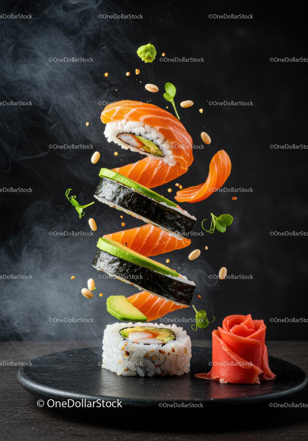 Creative Floating Sushi Roll with Fresh Ingredients