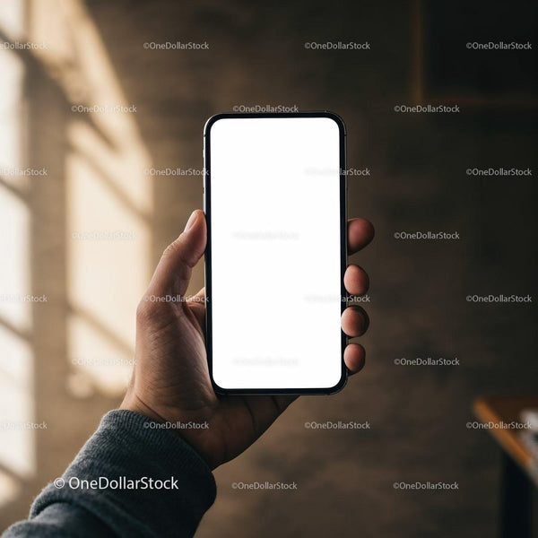 Hand Holding Smartphone with Blank White Screen in Warm Light JPG Mockup Image