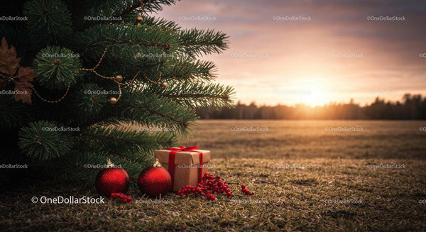 Christmas Decorations and Gift Box at Sunset Outdoors