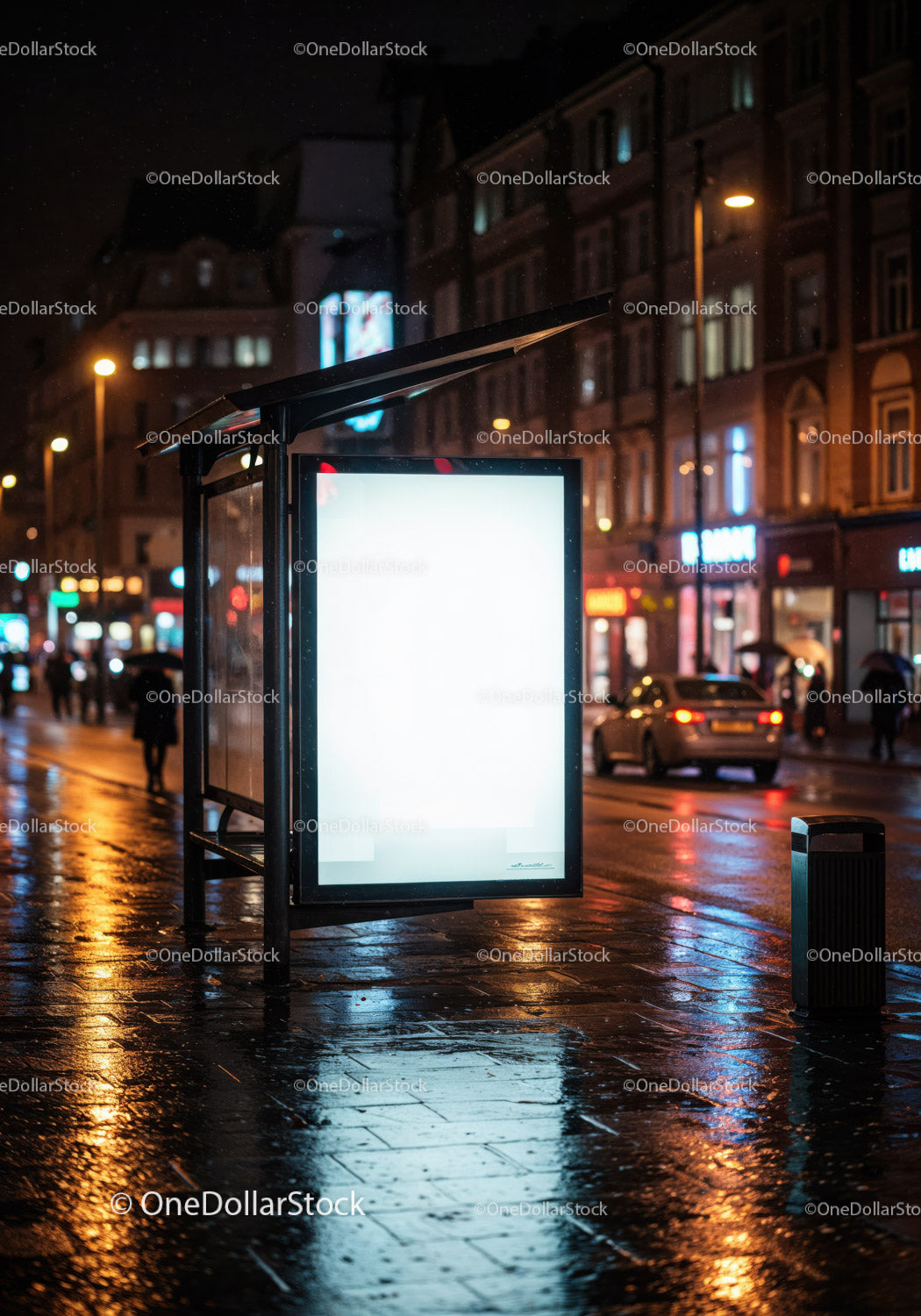 Modern Bus Shelter with Bright Electronic Display in Urban Night Scene