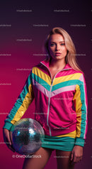 Stylish Woman in Colorful Jacket Holding Disco Ball in Neon Light