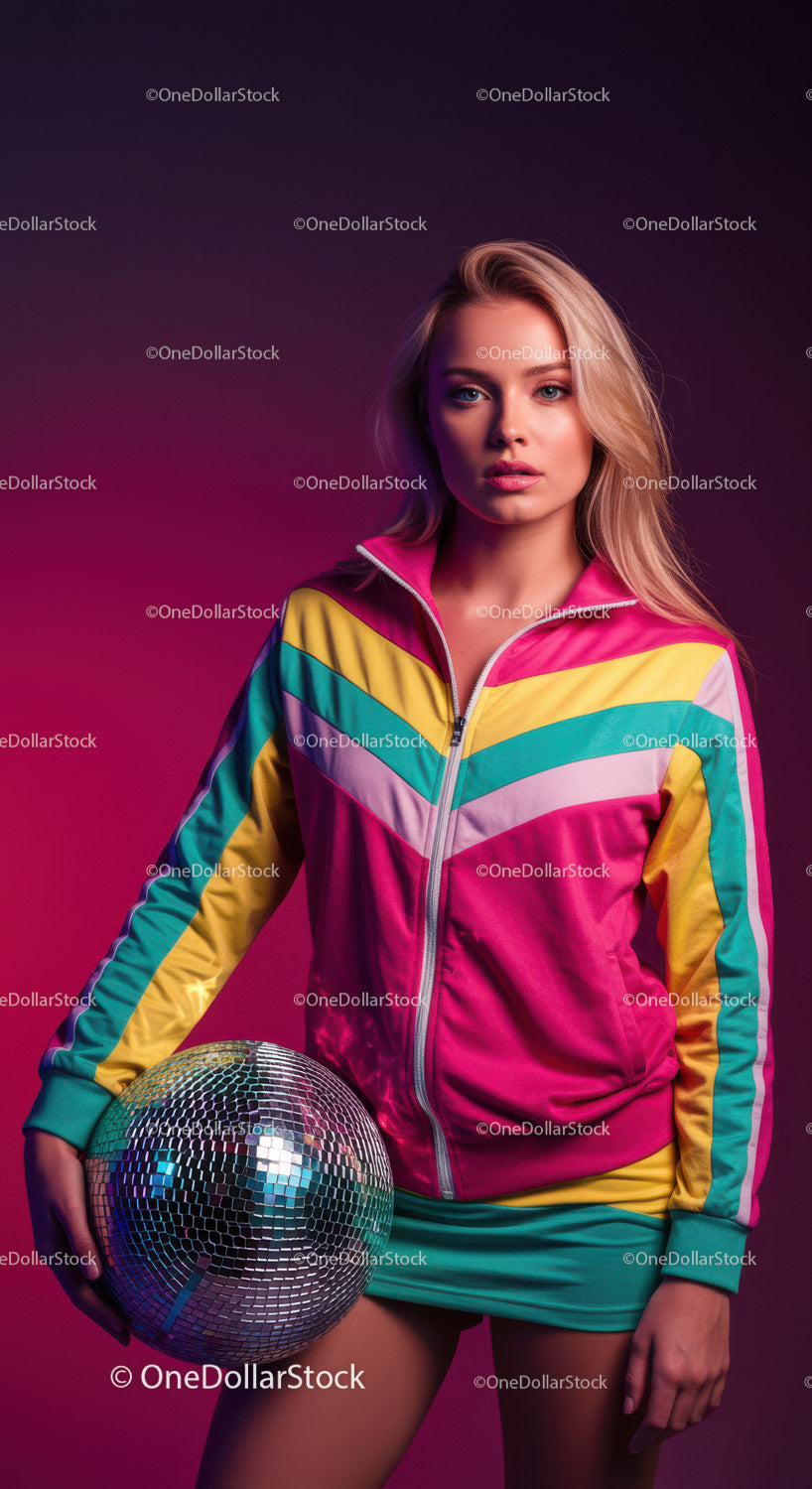 Stylish Woman in Colorful Jacket Holding Disco Ball in Neon Light