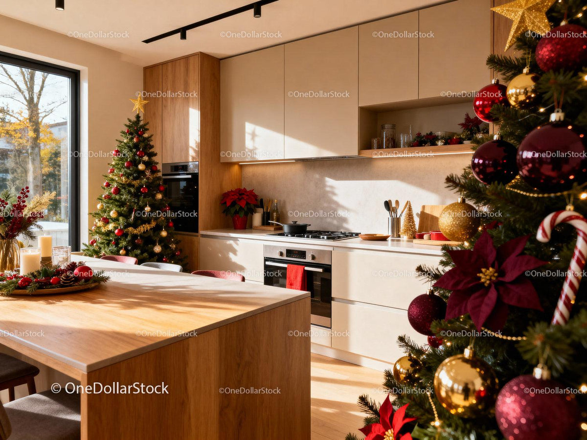 Modern kitchen decorated with festive Christmas trees