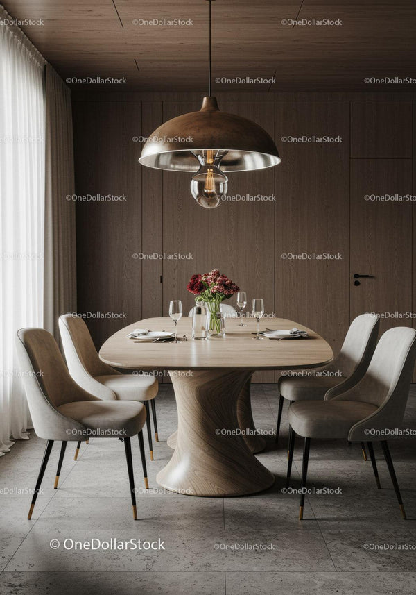 Elegant Modern Dining Room with Wooden Table and Cozy Atmosphere