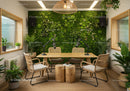 Modern Home Office with Lush Green Wall and Wooden Furniture