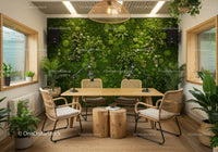 Modern Home Office with Lush Green Wall and Wooden Furniture