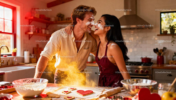Happy couple baking heart cookies in bright kitchen